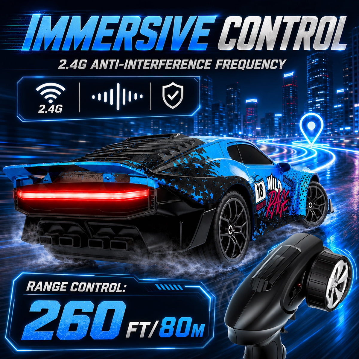 1:24 Scale RC Drift Car 4WD 2.4GHz 30KM/H High Speed Racing Sport Toy Car with LED Lights, Racing and Drift Wheels,Two Batteries