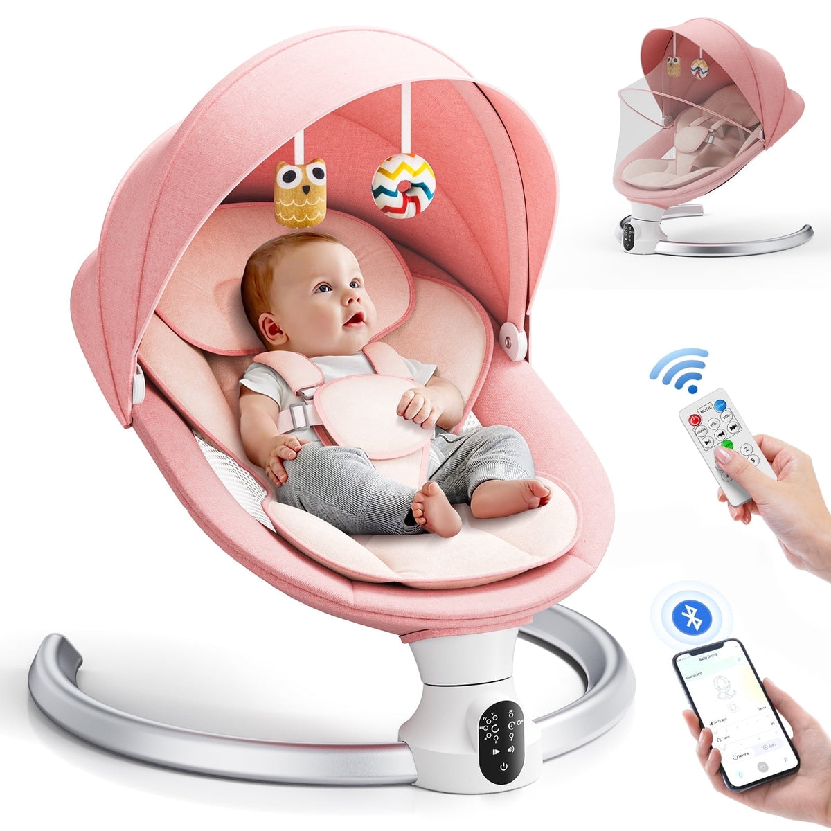 Doulami Electric Baby Swing for Newborn to Toddler Portable Infant Swing Rocker with Remote & APP Control & IMD Touch Panel, 5 Sway Speeds, 10 Lullabies, Pink